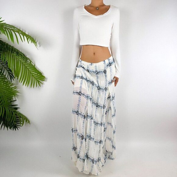 Women's Cato Blue & White Boho Coastal Chic Cottagecore Pleated Skirt / 18/20W - Picture 5 of 8